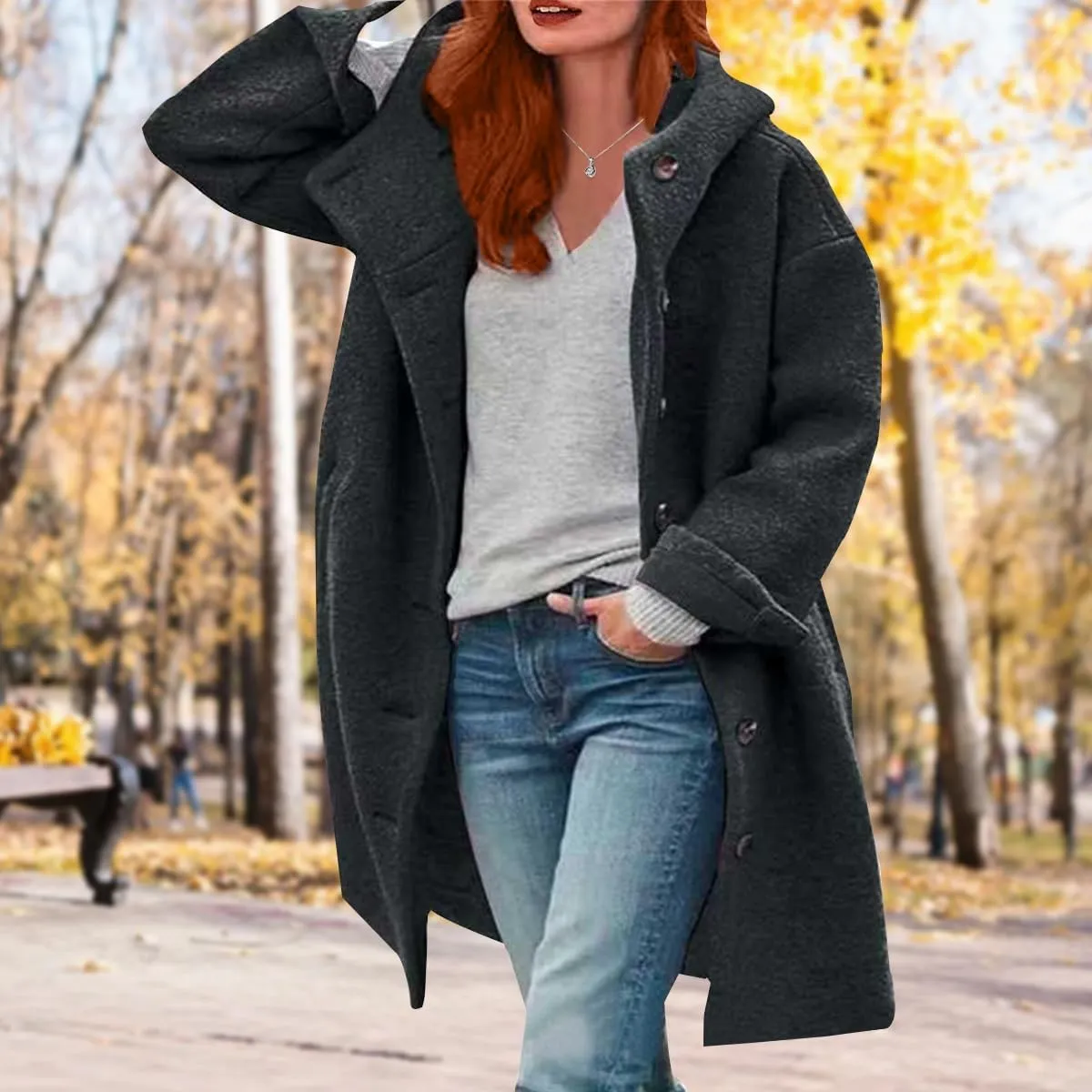 Womens Stand Collar Single Breasted Long Hooded Coats Winter Vintage Long Sleeve Thick Tweed Jackets with Pockets