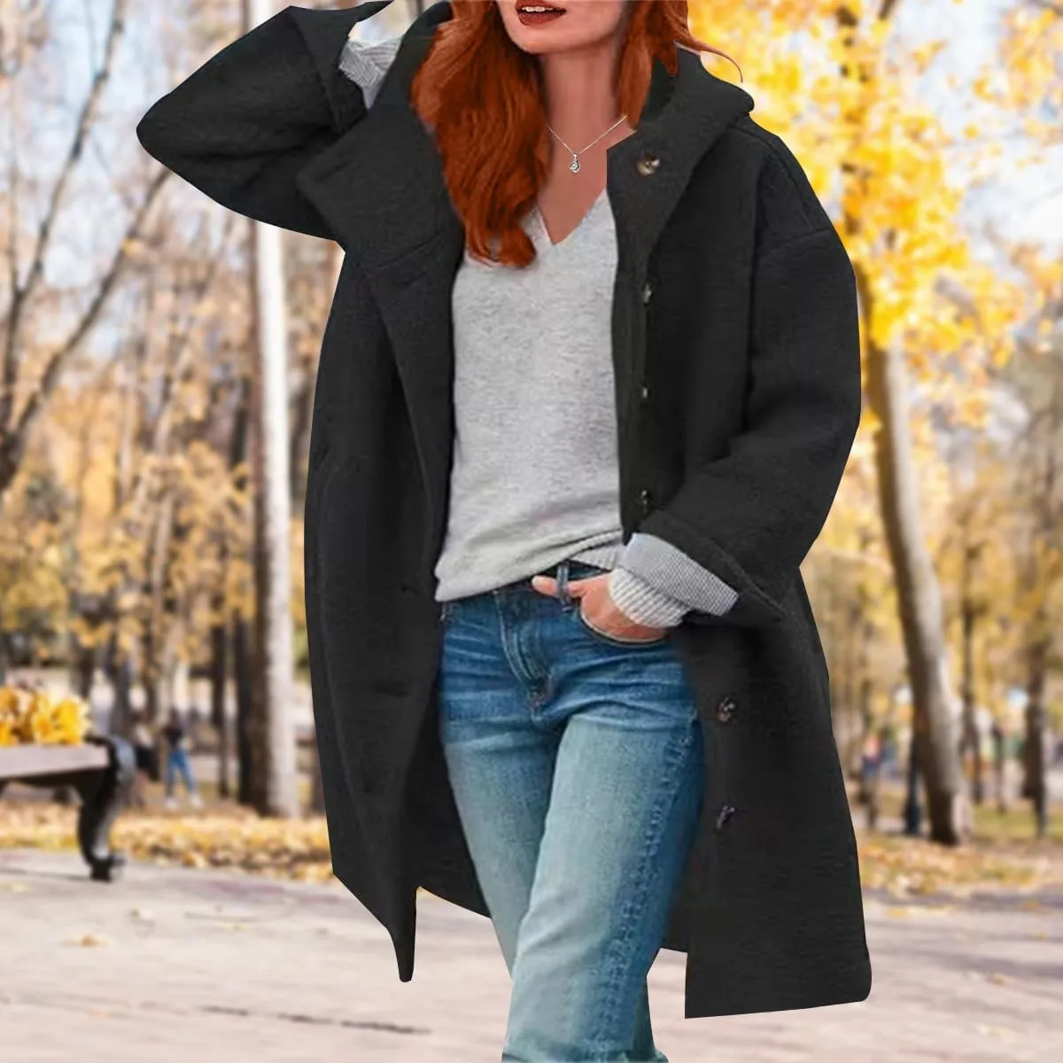Womens Stand Collar Single Breasted Long Hooded Coats Winter Vintage Long Sleeve Thick Tweed Jackets with Pockets