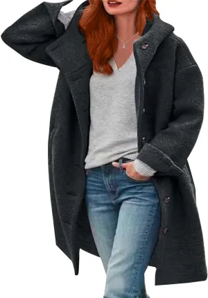 Womens Stand Collar Single Breasted Long Hooded Coats Winter Vintage Long Sleeve Thick Tweed Jackets with Pockets