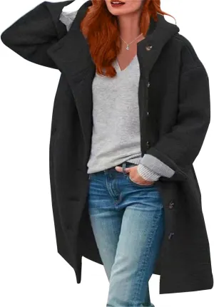 Womens Stand Collar Single Breasted Long Hooded Coats Winter Vintage Long Sleeve Thick Tweed Jackets with Pockets