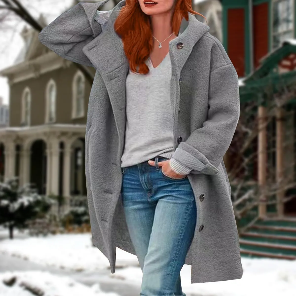 Womens Stand Collar Single Breasted Long Hooded Coats Winter Vintage Long Sleeve Thick Tweed Jackets with Pockets