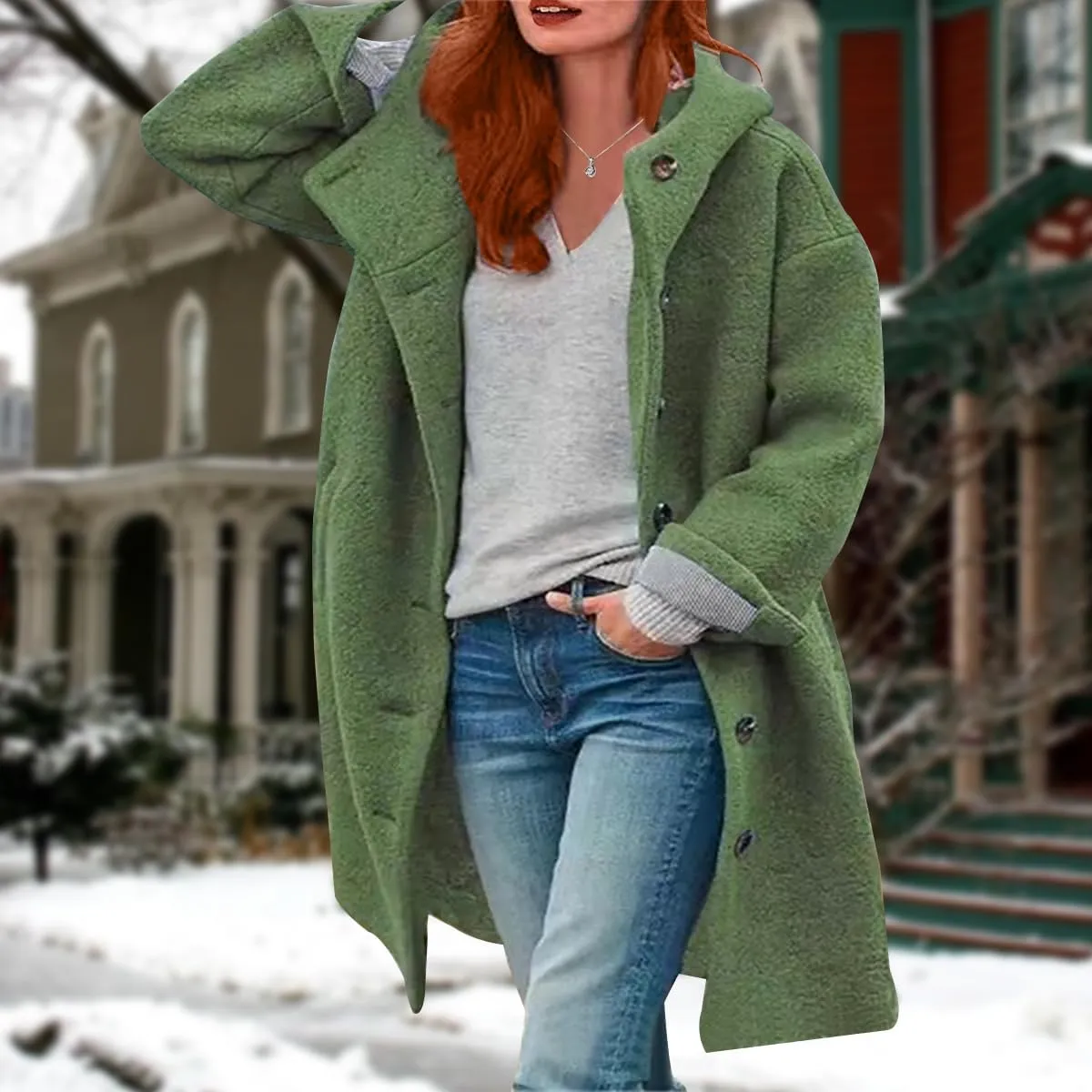 Womens Stand Collar Single Breasted Long Hooded Coats Winter Vintage Long Sleeve Thick Tweed Jackets with Pockets