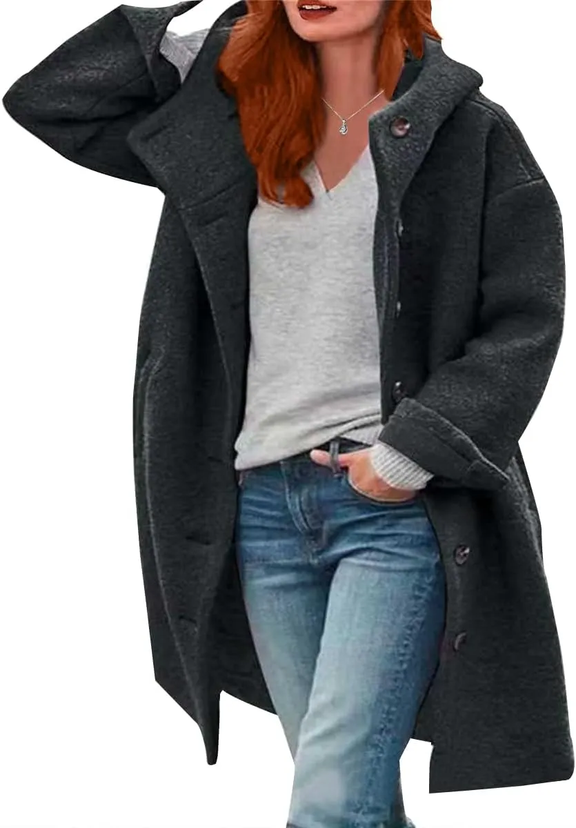 Womens Stand Collar Single Breasted Long Hooded Coats Winter Vintage Long Sleeve Thick Tweed Jackets with Pockets