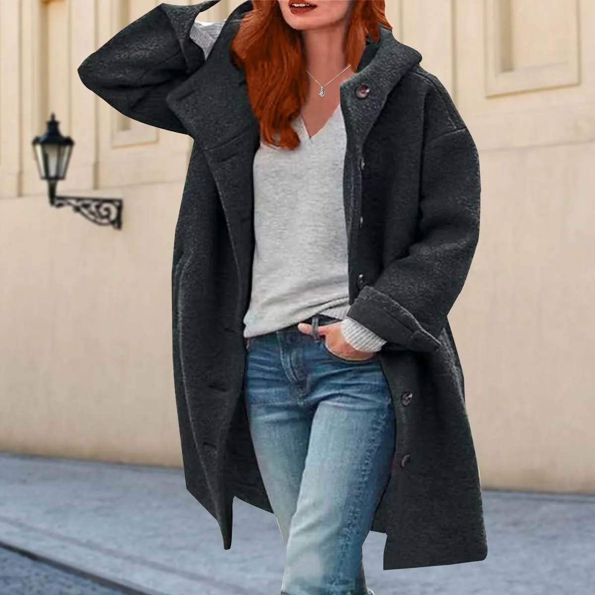 Womens Stand Collar Single Breasted Long Hooded Coats Winter Vintage Long Sleeve Thick Tweed Jackets with Pockets