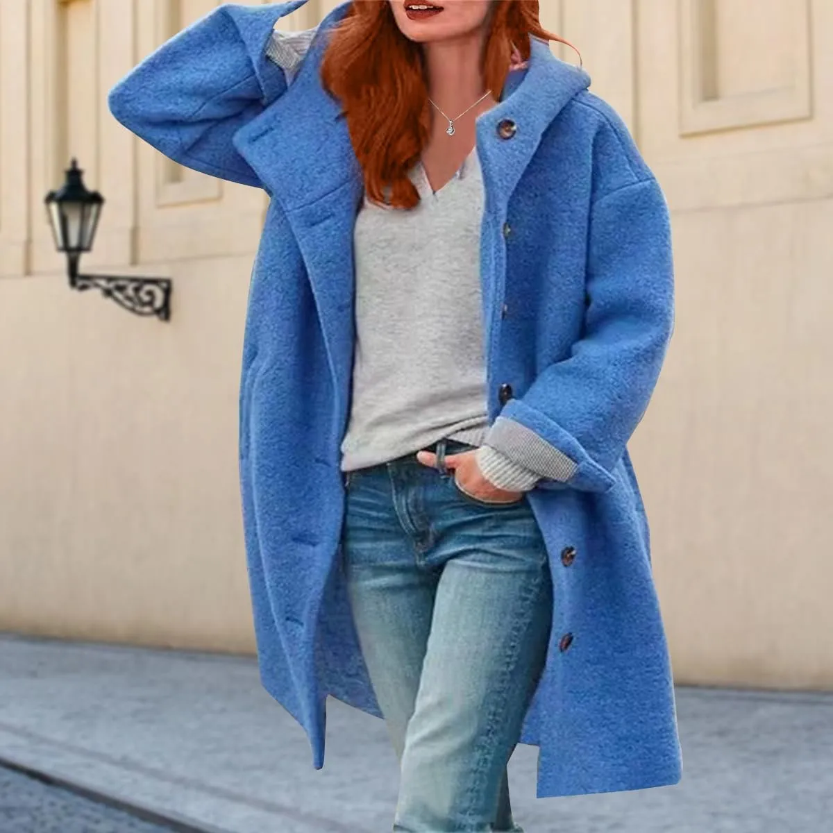 Womens Stand Collar Single Breasted Long Hooded Coats Winter Vintage Long Sleeve Thick Tweed Jackets with Pockets