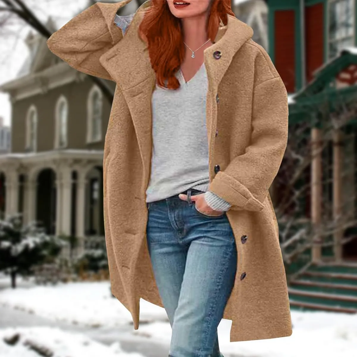 Womens Stand Collar Single Breasted Long Hooded Coats Winter Vintage Long Sleeve Thick Tweed Jackets with Pockets