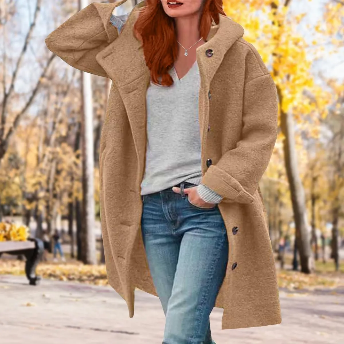 Womens Stand Collar Single Breasted Long Hooded Coats Winter Vintage Long Sleeve Thick Tweed Jackets with Pockets
