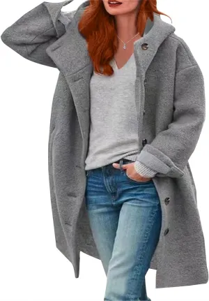 Womens Stand Collar Single Breasted Long Hooded Coats Winter Vintage Long Sleeve Thick Tweed Jackets with Pockets