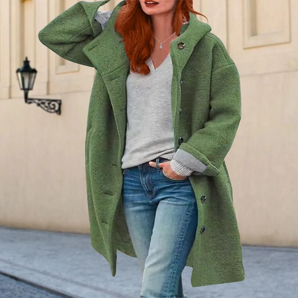 Womens Stand Collar Single Breasted Long Hooded Coats Winter Vintage Long Sleeve Thick Tweed Jackets with Pockets