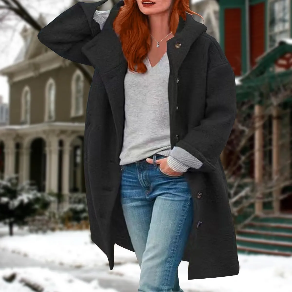 Womens Stand Collar Single Breasted Long Hooded Coats Winter Vintage Long Sleeve Thick Tweed Jackets with Pockets
