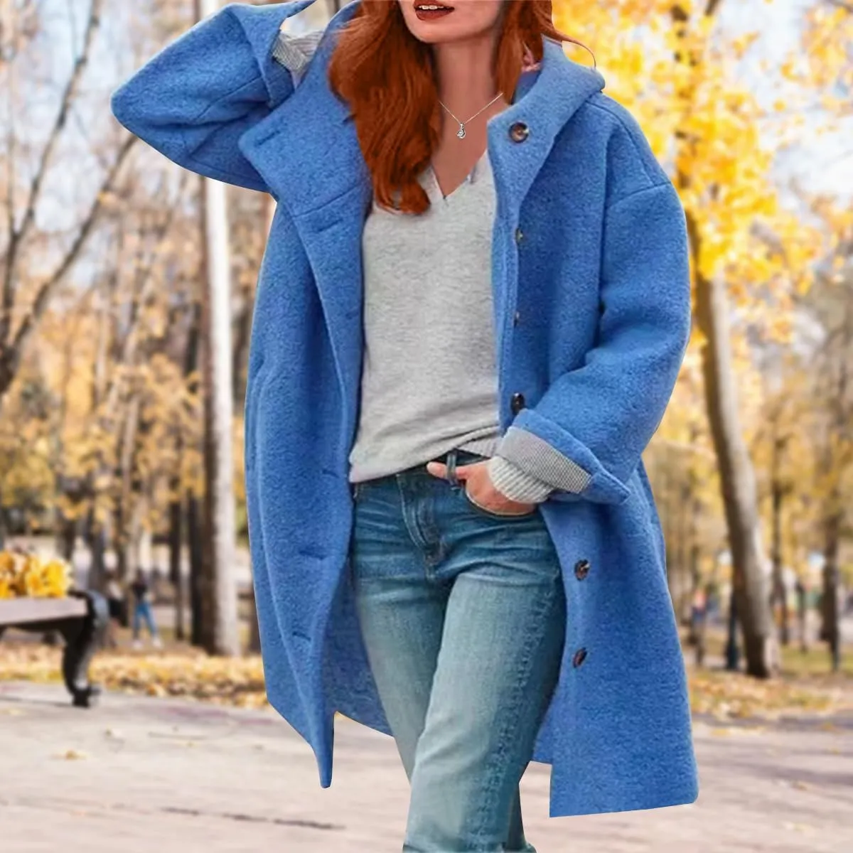 Womens Stand Collar Single Breasted Long Hooded Coats Winter Vintage Long Sleeve Thick Tweed Jackets with Pockets