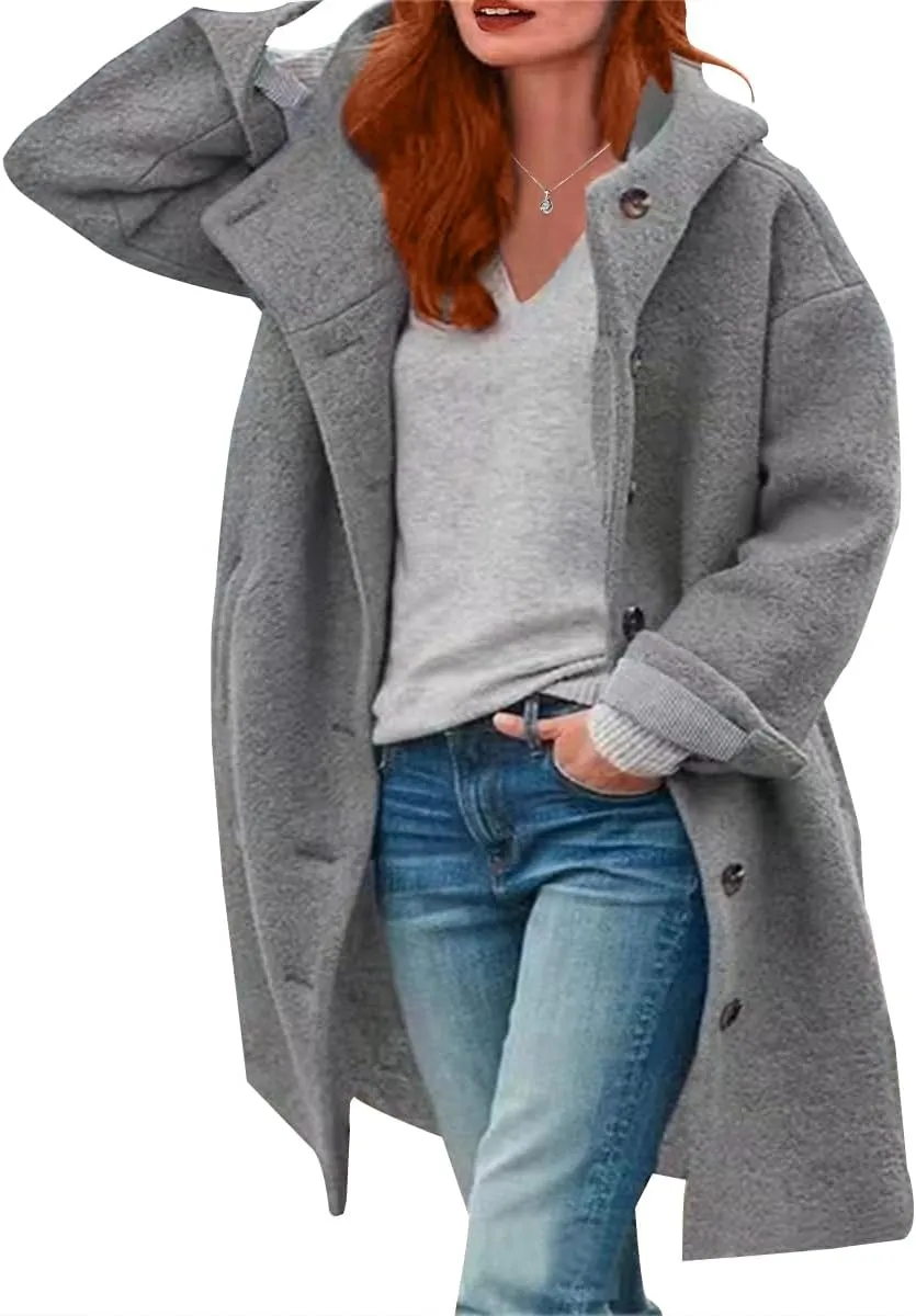 Womens Stand Collar Single Breasted Long Hooded Coats Winter Vintage Long Sleeve Thick Tweed Jackets with Pockets