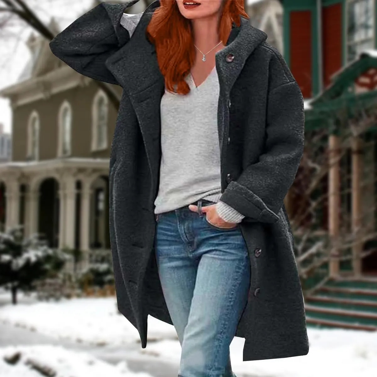 Womens Stand Collar Single Breasted Long Hooded Coats Winter Vintage Long Sleeve Thick Tweed Jackets with Pockets