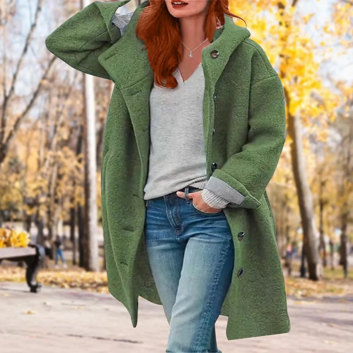 Womens Stand Collar Single Breasted Long Hooded Coats Winter Vintage Long Sleeve Thick Tweed Jackets with Pockets