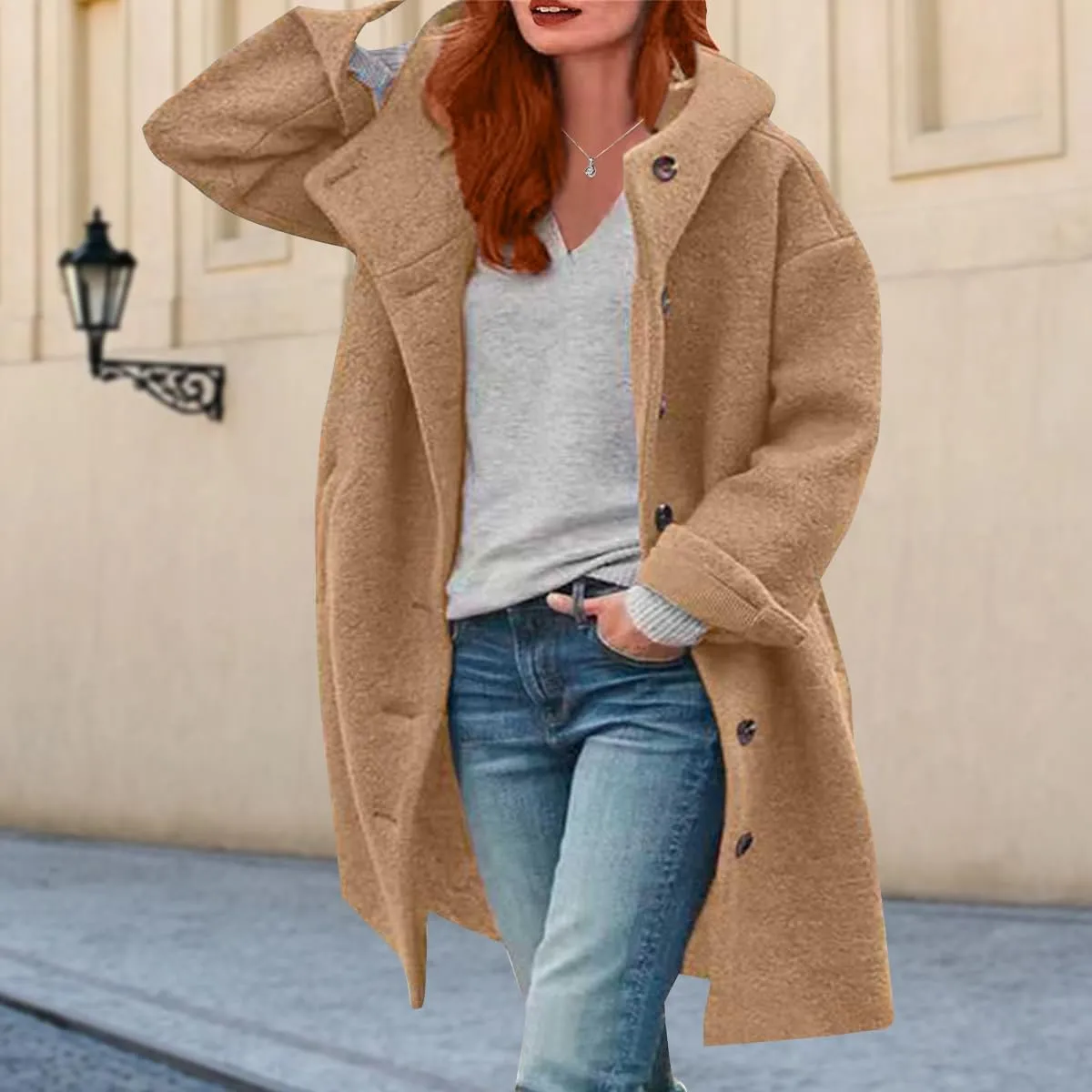 Womens Stand Collar Single Breasted Long Hooded Coats Winter Vintage Long Sleeve Thick Tweed Jackets with Pockets