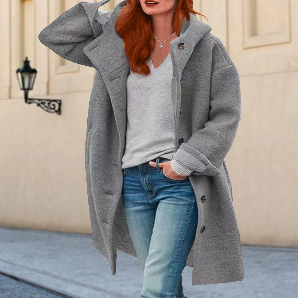 Womens Stand Collar Single Breasted Long Hooded Coats Winter Vintage Long Sleeve Thick Tweed Jackets with Pockets