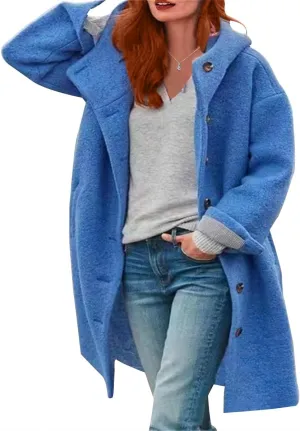Womens Stand Collar Single Breasted Long Hooded Coats Winter Vintage Long Sleeve Thick Tweed Jackets with Pockets