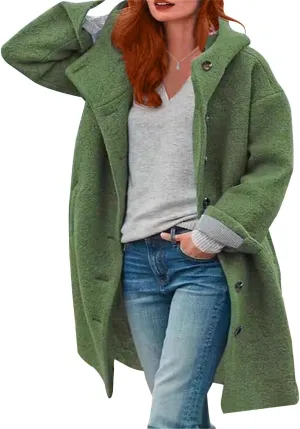 Womens Stand Collar Single Breasted Long Hooded Coats Winter Vintage Long Sleeve Thick Tweed Jackets with Pockets