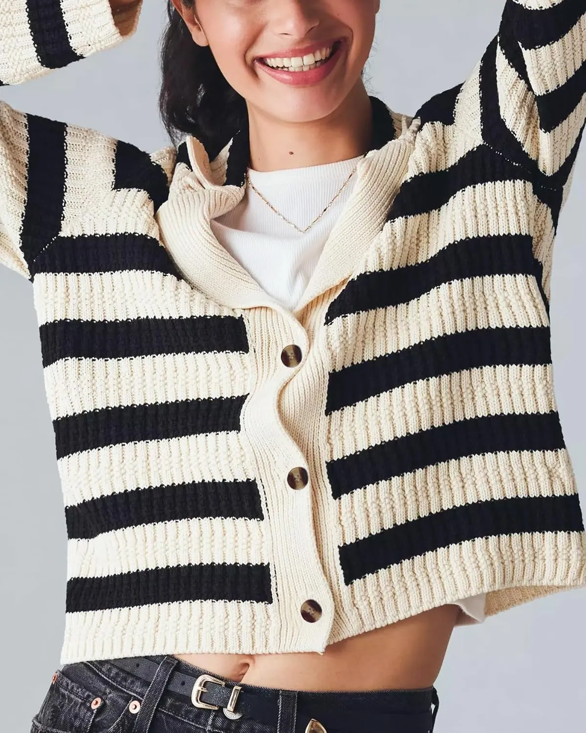 Womens Striped Cardigan Sweaters Cropped Open Front Button Down Lapel Long Sleeve Knit Loose Fall Outerwear