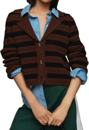 Womens Striped Cardigan Sweaters Cropped Open Front Button Down Lapel Long Sleeve Knit Loose Fall Outerwear