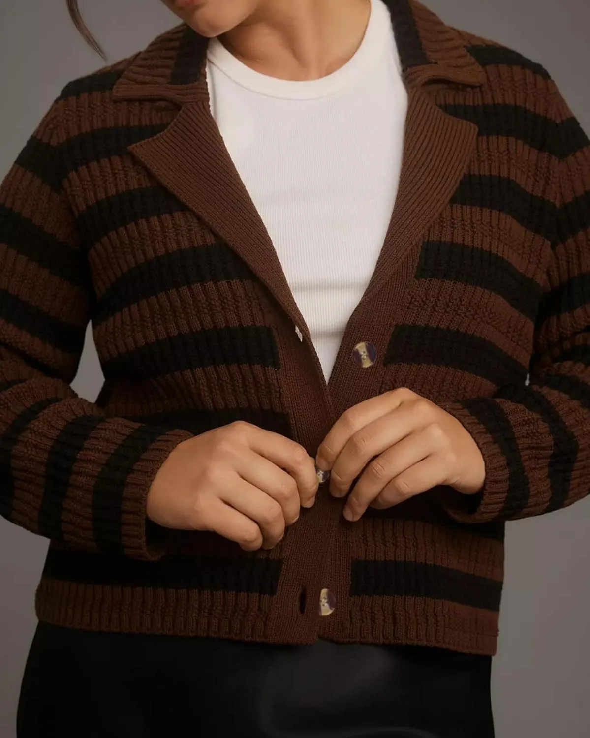 Womens Striped Cardigan Sweaters Cropped Open Front Button Down Lapel Long Sleeve Knit Loose Fall Outerwear