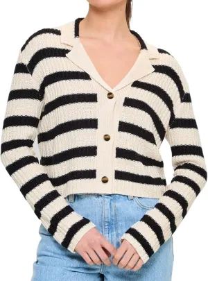 Womens Striped Cardigan Sweaters Cropped Open Front Button Down Lapel Long Sleeve Knit Loose Fall Outerwear