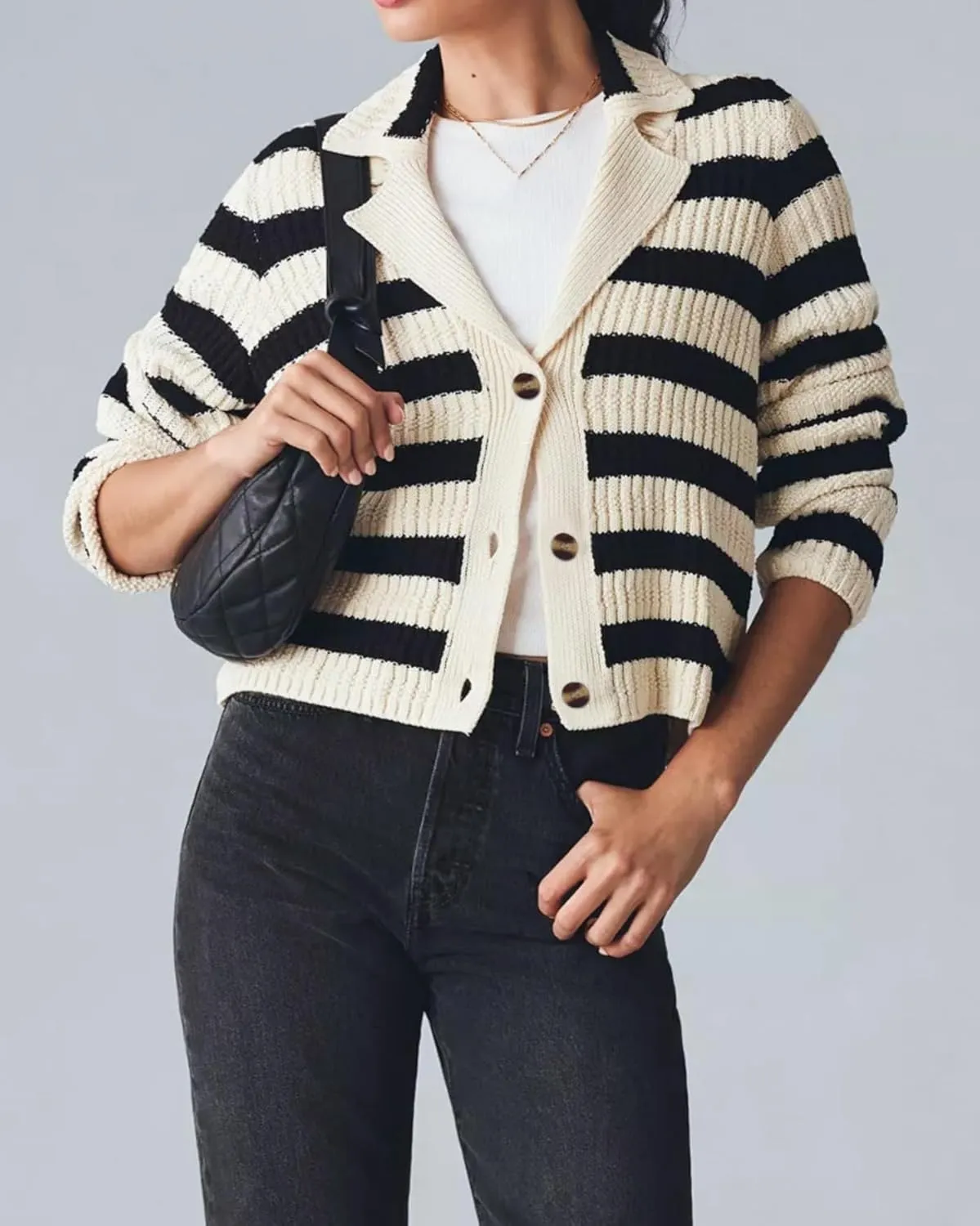 Womens Striped Cardigan Sweaters Cropped Open Front Button Down Lapel Long Sleeve Knit Loose Fall Outerwear