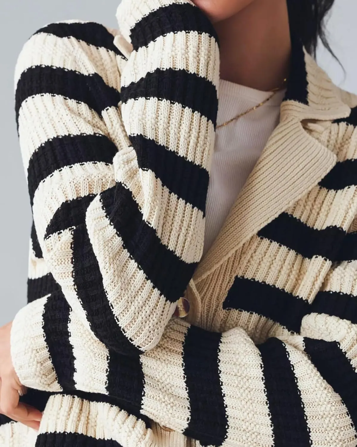 Womens Striped Cardigan Sweaters Cropped Open Front Button Down Lapel Long Sleeve Knit Loose Fall Outerwear
