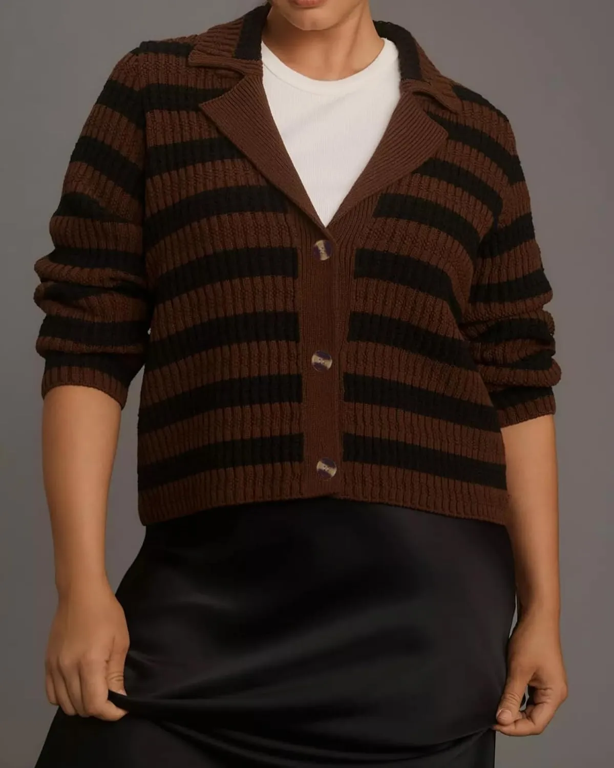 Womens Striped Cardigan Sweaters Cropped Open Front Button Down Lapel Long Sleeve Knit Loose Fall Outerwear