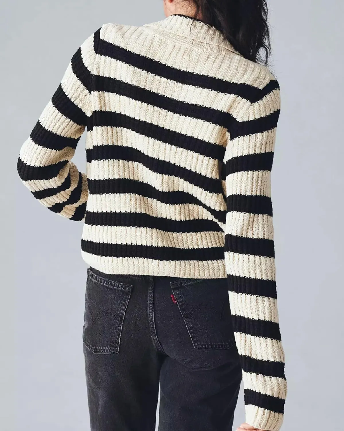 Womens Striped Cardigan Sweaters Cropped Open Front Button Down Lapel Long Sleeve Knit Loose Fall Outerwear