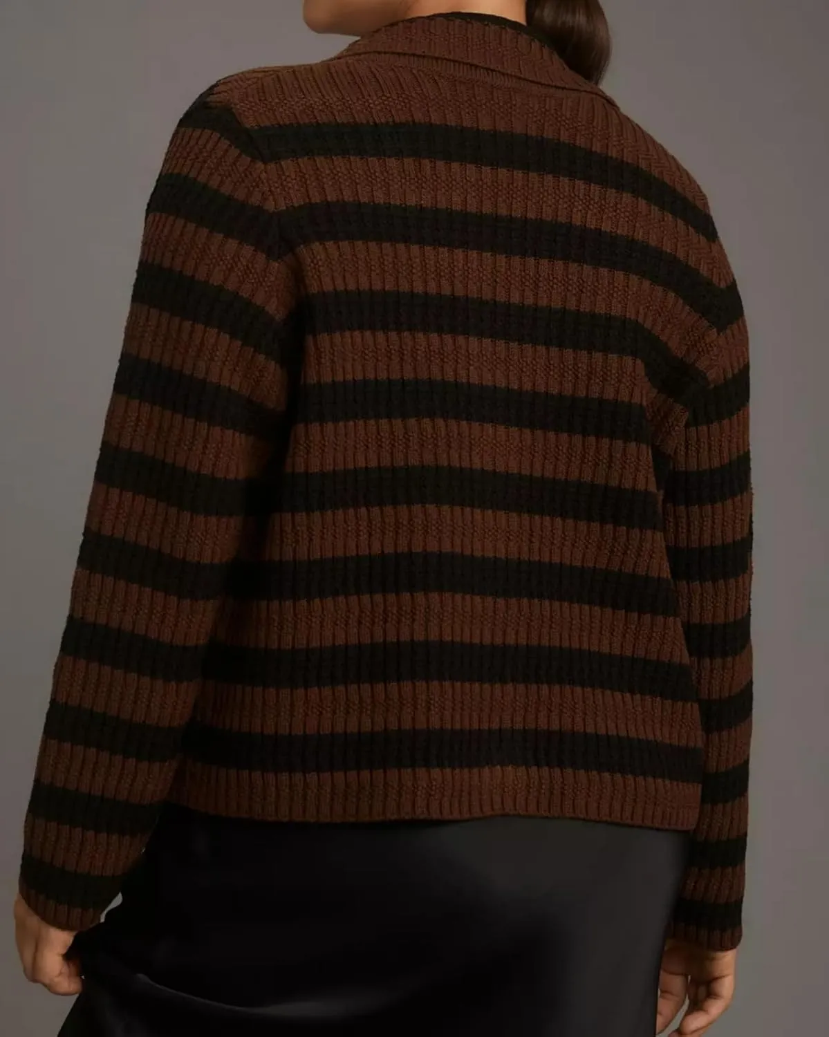 Womens Striped Cardigan Sweaters Cropped Open Front Button Down Lapel Long Sleeve Knit Loose Fall Outerwear