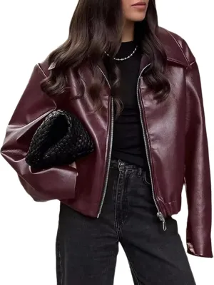 Women's Vegan PU Leather Jacket - Burgundy & Matte Black Faux Moto Coat (Cruelty-Free Waterproof Outerwear) 2025