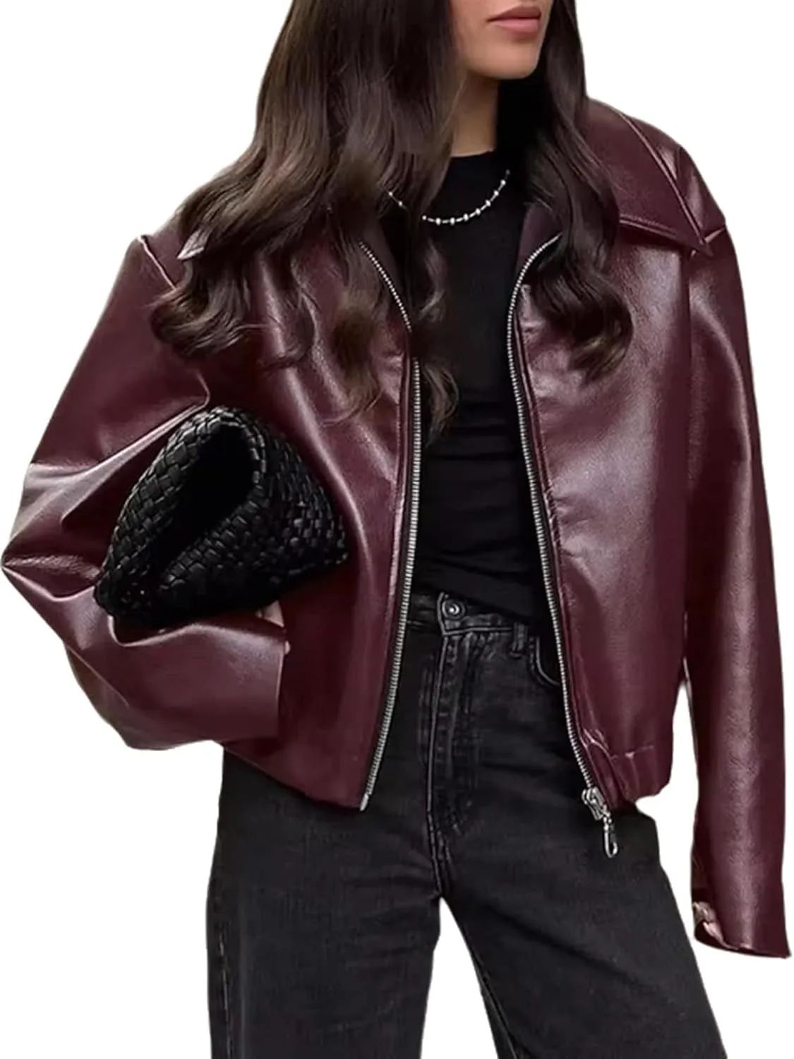 Women's Vegan PU Leather Jacket - Burgundy & Matte Black Faux Moto Coat (Cruelty-Free Waterproof Outerwear) 2025