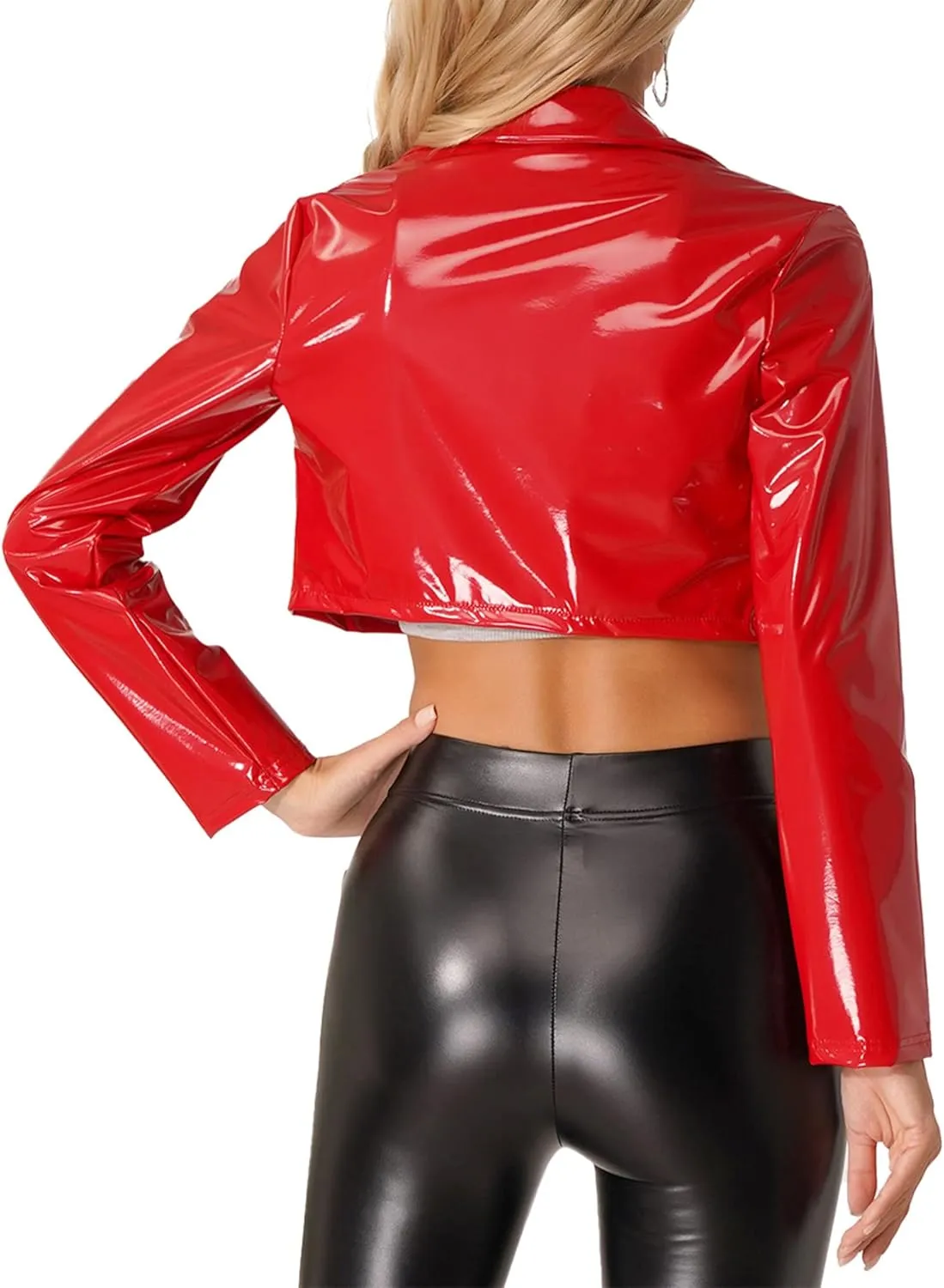 Women's Wetlook PVC Leather Lapel Cropped Jacket Biker Motorcycle Short Outerwear Coat