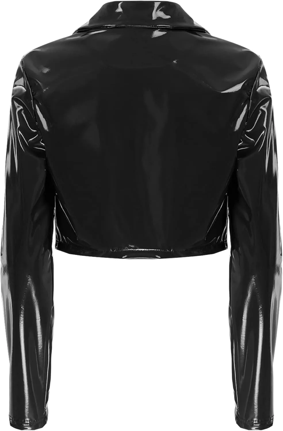 Women's Wetlook PVC Leather Lapel Cropped Jacket Biker Motorcycle Short Outerwear Coat