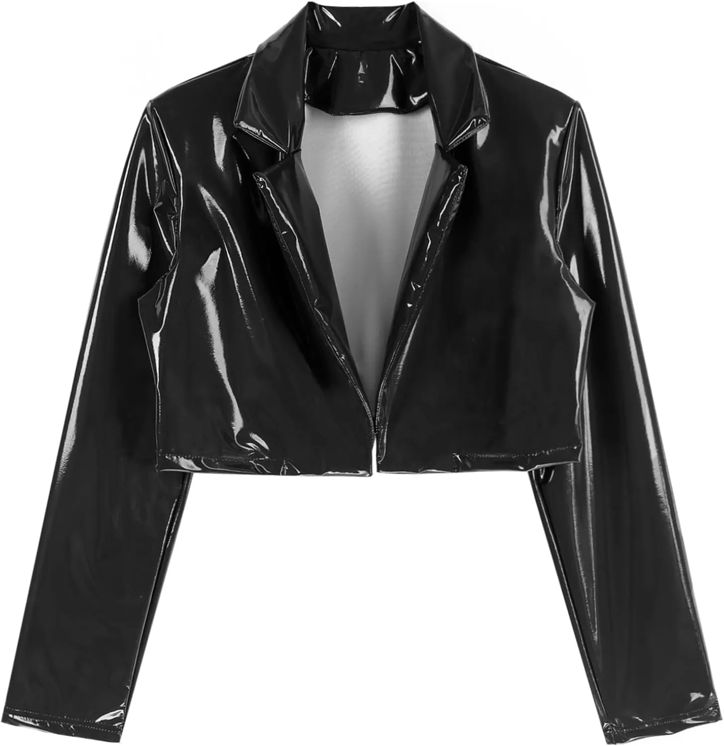 Women's Wetlook PVC Leather Lapel Cropped Jacket Biker Motorcycle Short Outerwear Coat