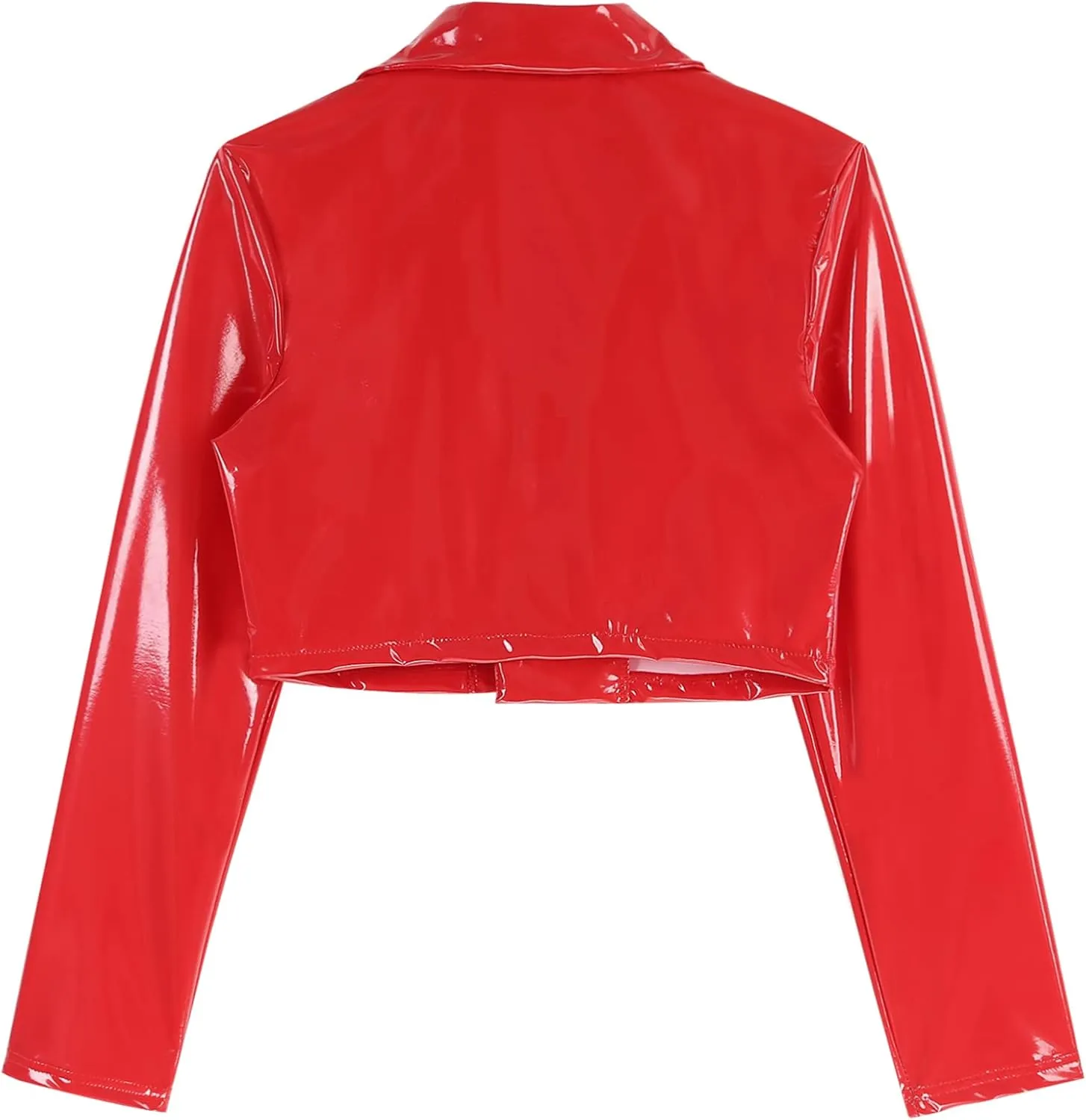 Women's Wetlook PVC Leather Lapel Cropped Jacket Biker Motorcycle Short Outerwear Coat