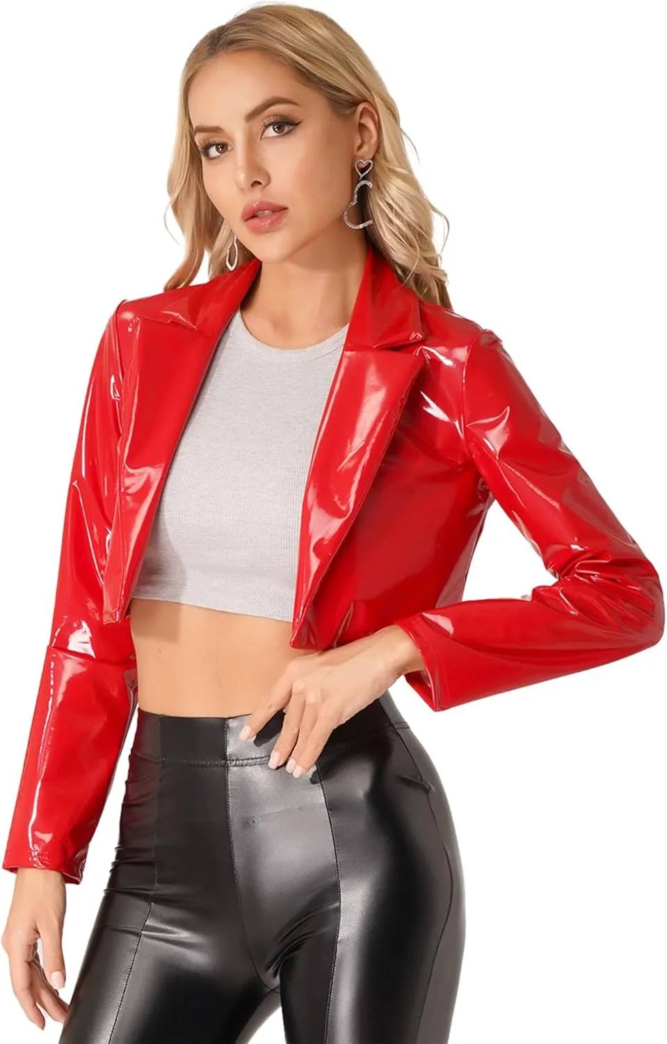 Women's Wetlook PVC Leather Lapel Cropped Jacket Biker Motorcycle Short Outerwear Coat