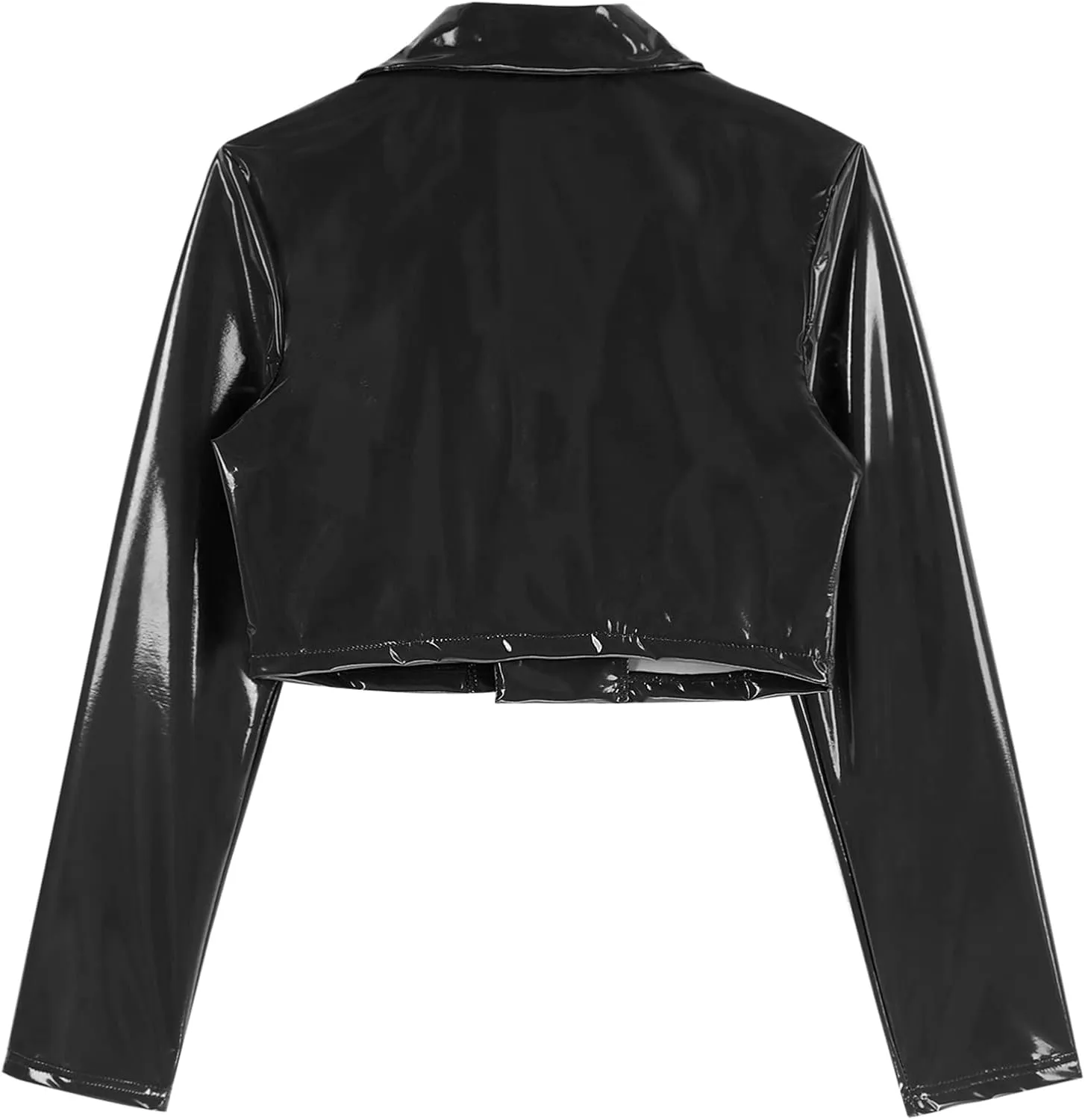 Women's Wetlook PVC Leather Lapel Cropped Jacket Biker Motorcycle Short Outerwear Coat