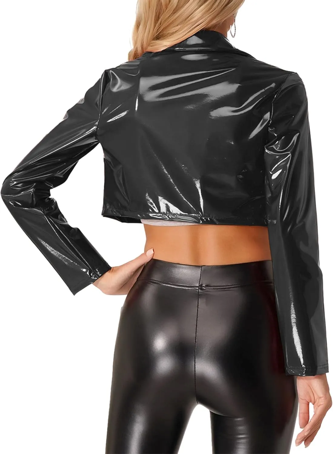 Women's Wetlook PVC Leather Lapel Cropped Jacket Biker Motorcycle Short Outerwear Coat