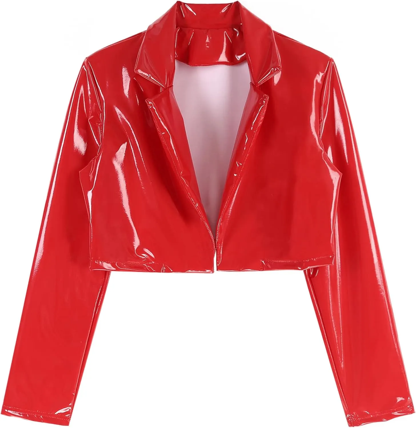 Women's Wetlook PVC Leather Lapel Cropped Jacket Biker Motorcycle Short Outerwear Coat