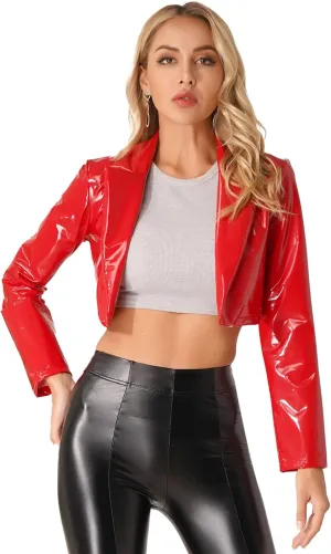 Women's Wetlook PVC Leather Lapel Cropped Jacket Biker Motorcycle Short Outerwear Coat