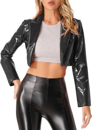 Women's Wetlook PVC Leather Lapel Cropped Jacket Biker Motorcycle Short Outerwear Coat