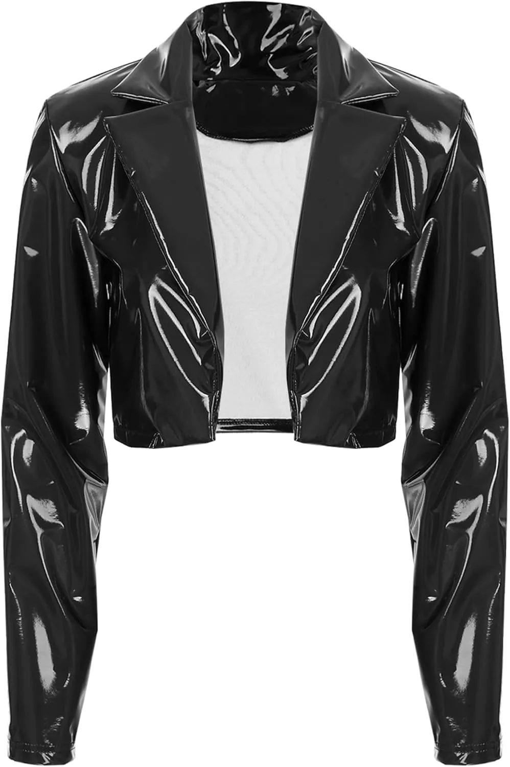 Women's Wetlook PVC Leather Lapel Cropped Jacket Biker Motorcycle Short Outerwear Coat
