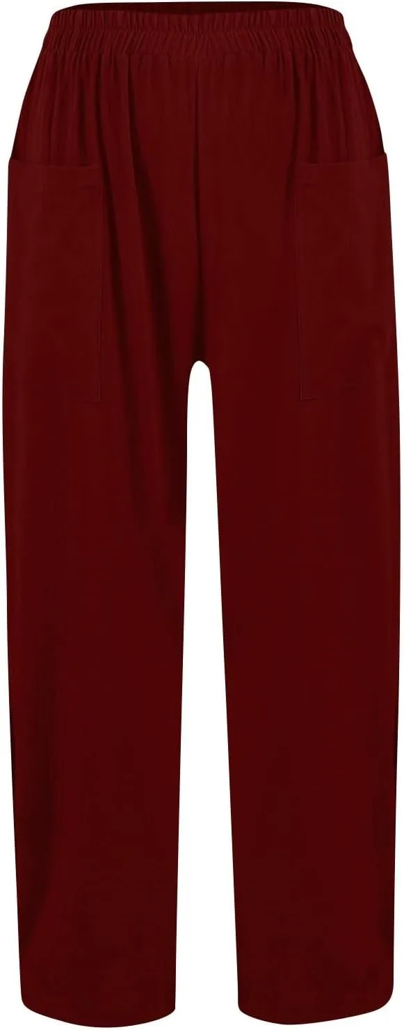 Womens Wide Leg Linen Pants Summer Elastic Waist Beach Pants Loose Fit Comfy Lounge Pants with Pockets Flowy Trousers