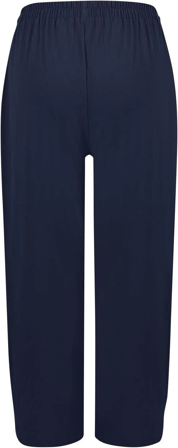Womens Wide Leg Linen Pants Summer Elastic Waist Beach Pants Loose Fit Comfy Lounge Pants with Pockets Flowy Trousers