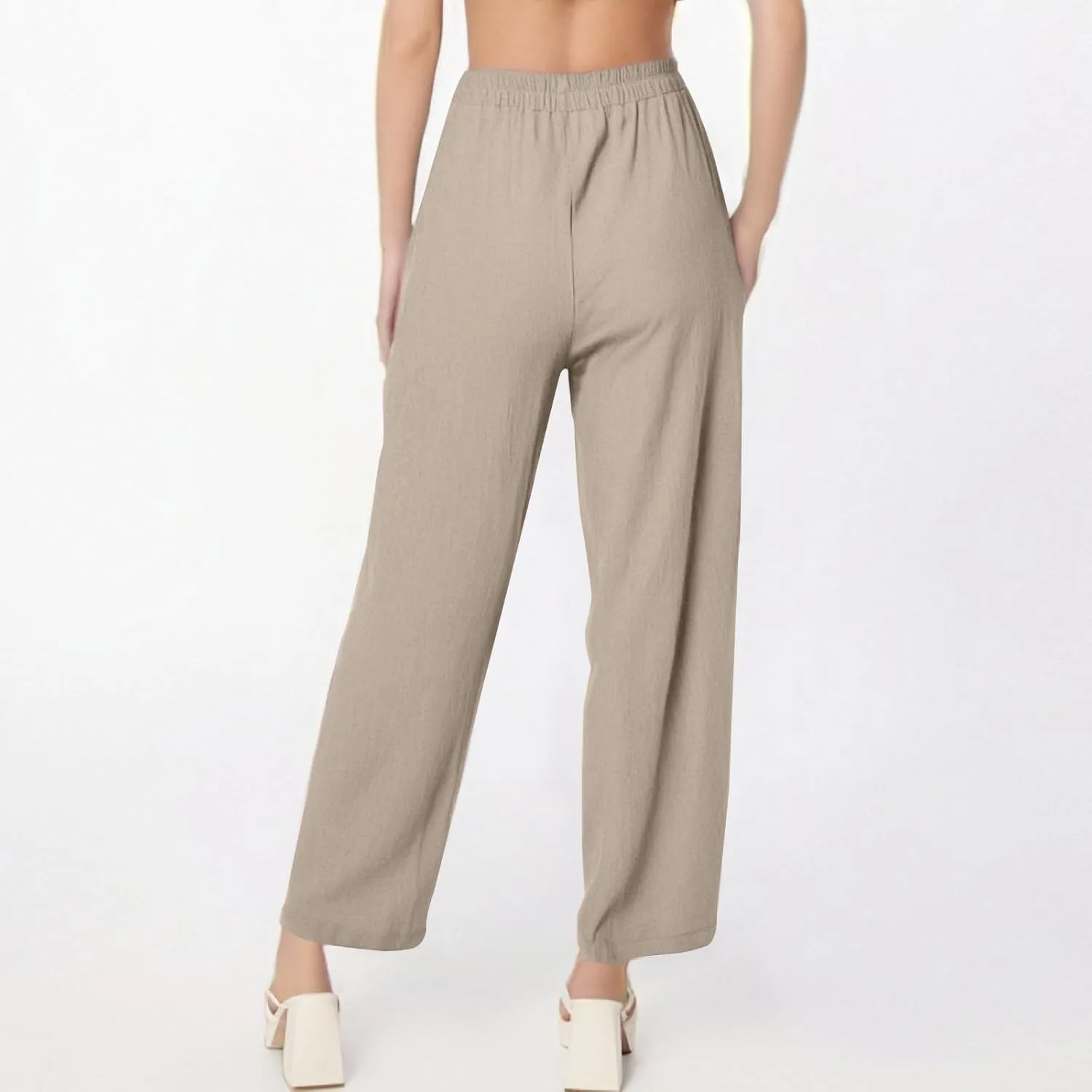 Womens Wide Leg Linen Pants Summer Elastic Waist Beach Pants Loose Fit Comfy Lounge Pants with Pockets Flowy Trousers