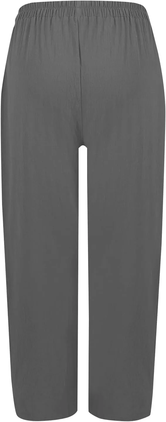 Womens Wide Leg Linen Pants Summer Elastic Waist Beach Pants Loose Fit Comfy Lounge Pants with Pockets Flowy Trousers