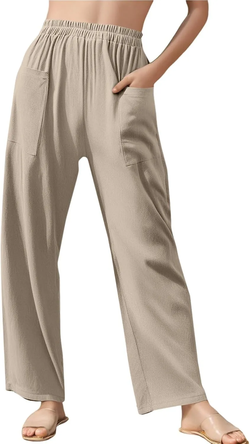 Womens Wide Leg Linen Pants Summer Elastic Waist Beach Pants Loose Fit Comfy Lounge Pants with Pockets Flowy Trousers