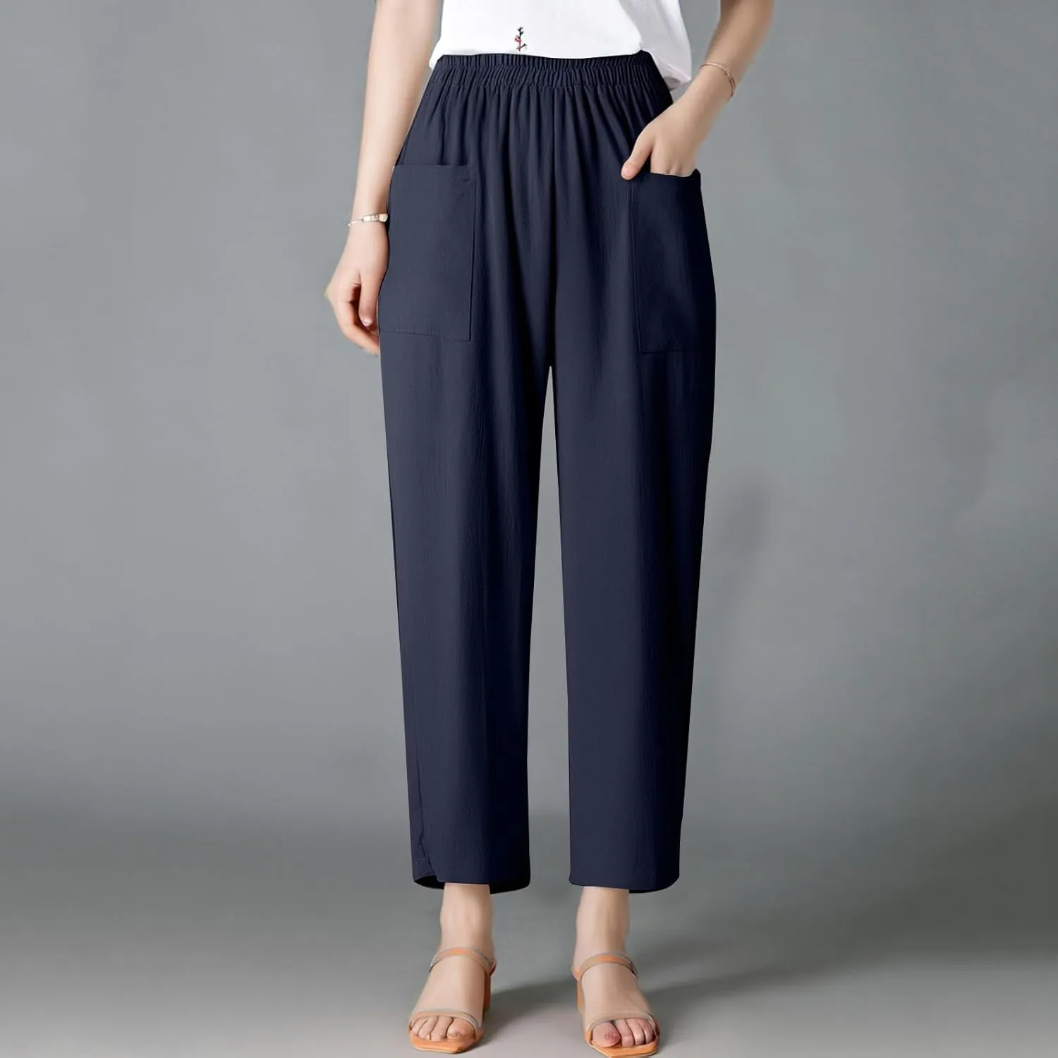 Womens Wide Leg Linen Pants Summer Elastic Waist Beach Pants Loose Fit Comfy Lounge Pants with Pockets Flowy Trousers